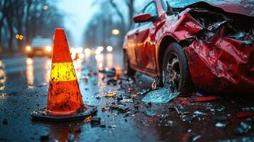 Car accident scene on a rainy street with debris scattered and traffic cone marking the area photo