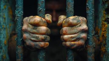 Hands gripping rusted prison bars suggesting confinement and despair in a dark cell with a sense of isolation and fear photo