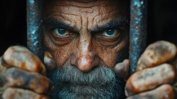 Captive gaze of an elderly man reflecting hardship in a dimly lit confinement space photo