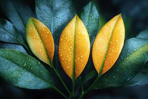 three leaves with water droplets on them photo