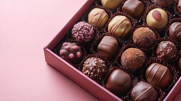 Delicious assortment of handcrafted chocolates in a decorative box ready for gifting on a pink background photo