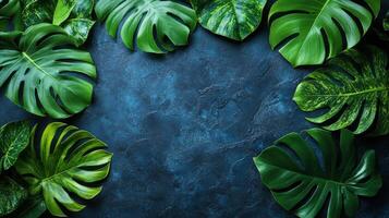 Lush green leaves arranged on a dark textured surface creating a serene natural backdrop for design photo