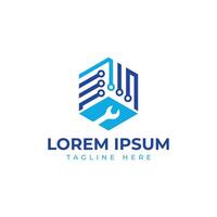 Technology repair logo design hexagon circuit wrench tool for tech business and startup vector