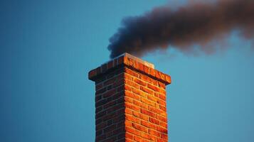 Smoke rising from a brick chimney under a clear blue sky in the early afternoon photo