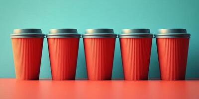Brightly colored coffee cups lined up on a table against a vibrant blue background in a cozy cafe setting photo