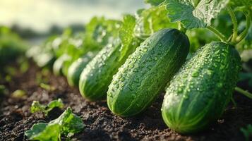 Fresh cucumbers with droplets on leaves grow in a lush garden setting during the early morning light photo