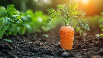 Bright orange carrot growing in rich soil surrounded by green leaves under warm sunlight photo