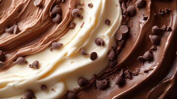 Creamy chocolate swirls with chocolate chips from a dessert, showcasing rich textures and indulgent flavors photo