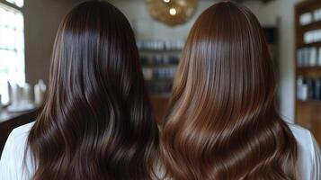 Comparison of two different hair colors showcasing glossy textures in a modern salon environment photo