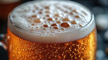 Golden beer with frothy head in a glass sits on a wooden table in a cozy bar during evening hours photo
