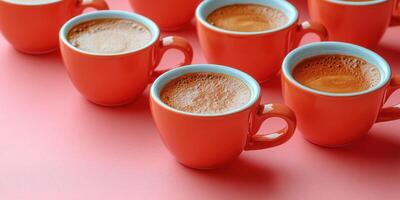 Bright orange coffee cups arranged on a pink surface inviting warm conversations and cozy moments photo
