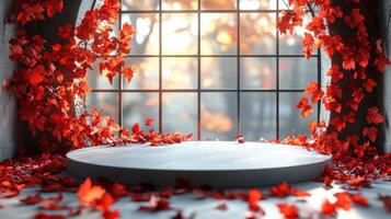 Colorful autumn leaves scattered around a circular platform near a window with a charming view in a tranquil setting photo