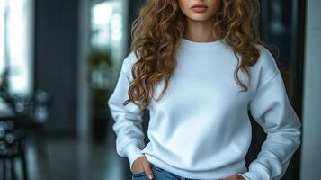 Young woman in white sweatshirt posing confidently in modern indoor setting with stylish decor and natural light photo