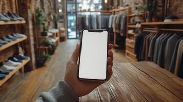 Hand holding smartphone in clothing store showcasing products and style choices photo