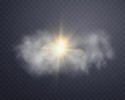 Gold sunlight lens flare in cloud, sun flash with rays and spotlight. Gold glowing burst explosion . vector
