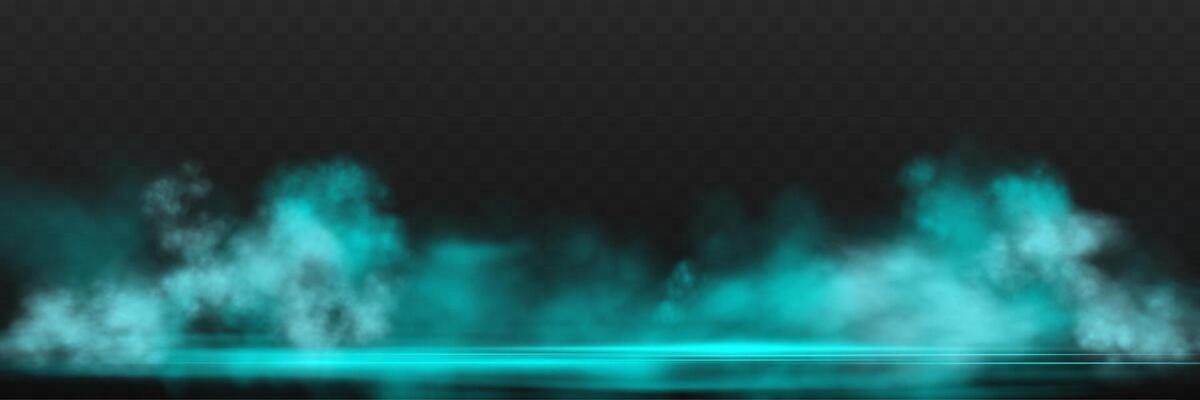 Realistic teal smoke or haze, overlay effect on a dark background. Hot fire and flame, magic fog, vapor on floor. Abstract illustration