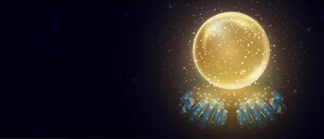Pink magic fantasy sphere in hands. Crystal ball with glowing sparkles and particles. Energy orb with glow flare light effect. Isolated on dark background. illustration. vector