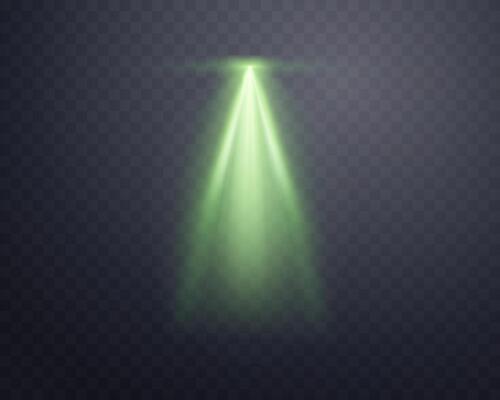Green spotlight, Illuminated green stage, glow flare effect. Bright beams of spotlights, lamp, vertical rays on background. illustration.