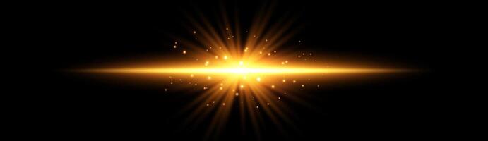 Orange horizontal reflection, lensflare. Light flash with rays or golden spotlight and particles. Yellow glow light effect. illustration. Isolated on black background. vector