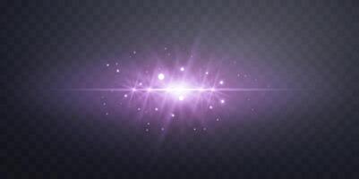 Purple horizontal lensflare. Light flash with rays or violet spotlight and bokeh. Glow flare light effect. illustration. Isolated on background. vector