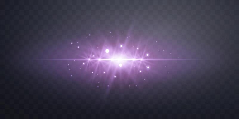 Purple horizontal lensflare. Light flash with rays or violet spotlight and bokeh. Glow flare light effect. illustration. Isolated on background.