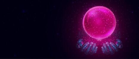 Pink magic fantasy sphere in hands. Crystal ball with glowing sparkles and particles. Energy orb with glow flare light effect. vector