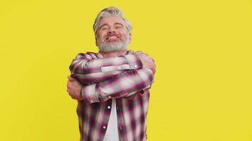 Mature man open arms for distant hug, joyful surprise greeting, warm invisible embrace connection video