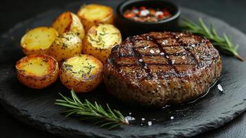 A la parrilla filete servido con asado patatas y Fresco hierbas en un negro pizarra plato foto