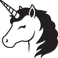 Black and white unicorn head with closed eyes simple illustration vector