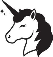 Black and white unicorn head silhouette with a smiling expression and sparkling star accents vector