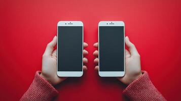Hands holding two identical smartphones against a vibrant red backdrop during a tech showcase event photo