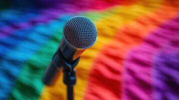 Microphone positioned in front of a colorful rainbow backdrop during a pride event photo