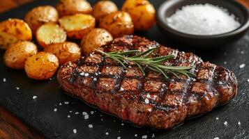 jugoso A la parrilla filete servido con asado patatas y hierbas en un negro pizarra plato en un rústico ajuste foto