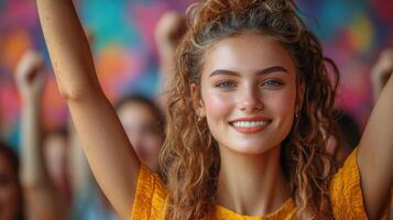 Smiling young woman celebrating at a vibrant event in a lively atmosphere with friends around her photo