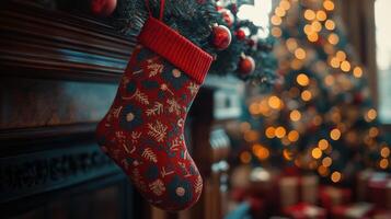 Colorful Christmas stocking hanging near fireplace with a beautifully decorated tree and presents in warm festive atmosphere photo