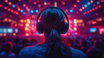 Enjoying vibrant music at a lively concert venue in the evening with colorful lights photo