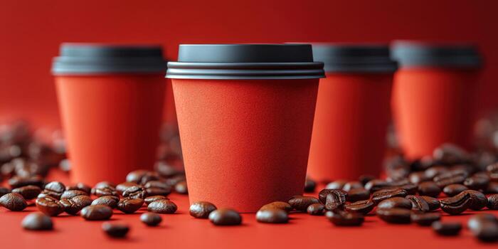 Bright red coffee cups surrounded by roasted coffee beans create an inviting atmosphere in a cozy setting photo