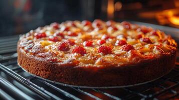 Homemade strawberry cake baking in the oven with golden crust and fresh berries showcasing culinary delight photo