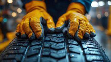 Hands working on tire inspection in automotive workshop during daytime photo
