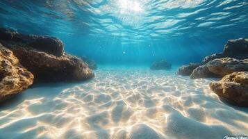 Sunlight filters through clear water over a sandy ocean floor with rocky formations photo