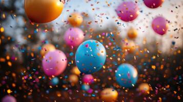 Colorful balloons and confetti fill the air during a festive outdoor celebration at sunset in a park photo