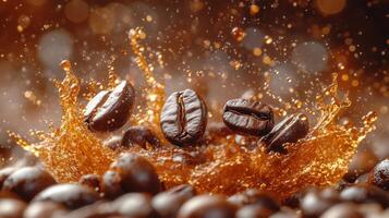 Coffee beans splash in rich liquid creating an energetic scene in a warm, cozy setting photo