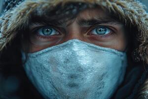 a man wearing a face mask in the snow photo