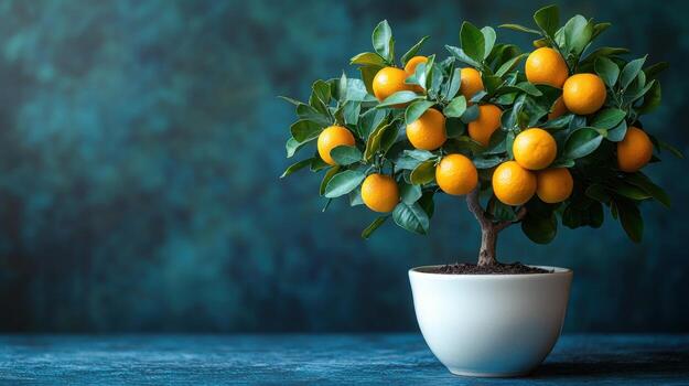 Miniature citrus tree with vibrant oranges in a white pot on a blue background photo