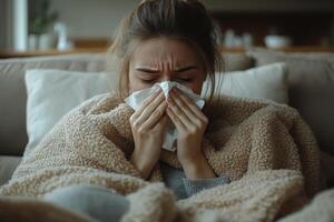 a woman with a cold blowing her nose photo