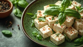 Freshly prepared feta cheese with aromatic herbs on a decorative plate in a cozy kitchen setting photo
