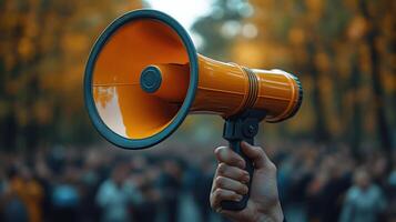 Voices raised in unity during a protest on a vibrant autumn day in the city park photo