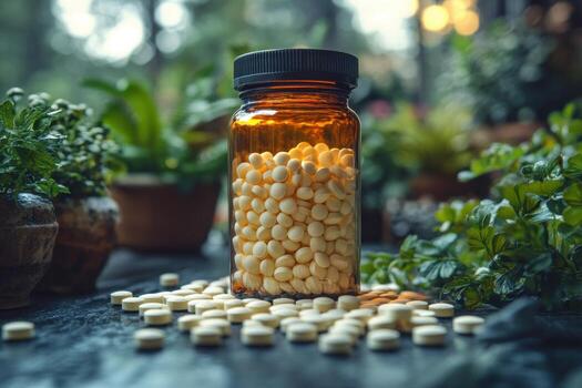 pills in a bottle on a table with plants photo