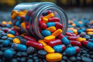 a jar full of colorful pills on a black background photo