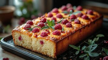 Delicious homemade cake topped with fresh raspberries and herbs on a dark cooling rack photo